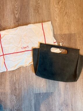 Clare V Dark Green Suede Clutch with Cutout Handles